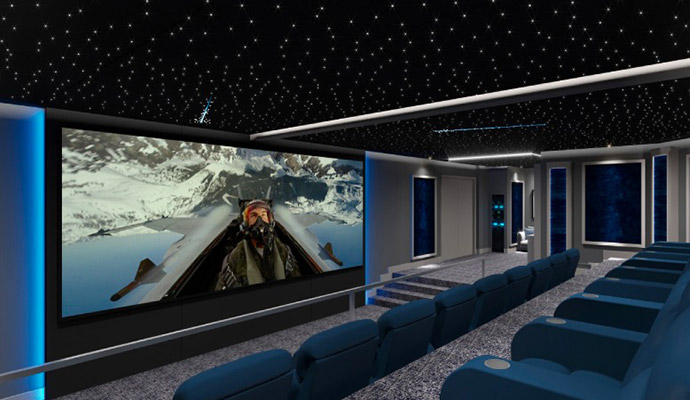 Home theater with starlight ceiling and blue recliner seating