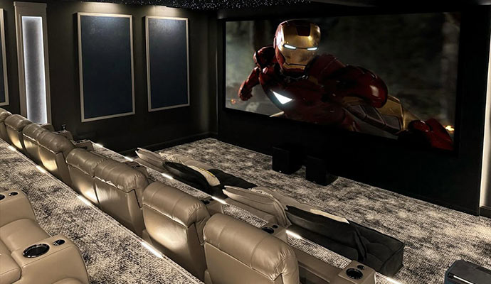 Private home theater room with seating arrangements