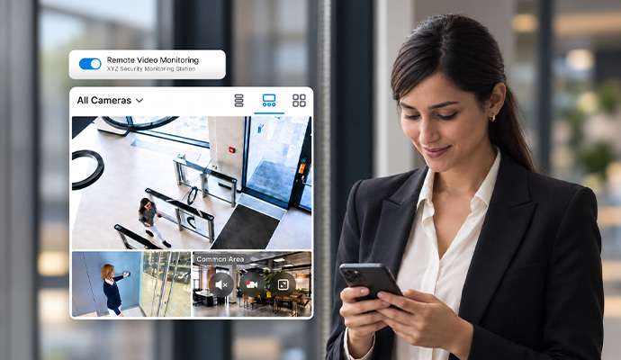 Businesswoman using remote video monitoring app