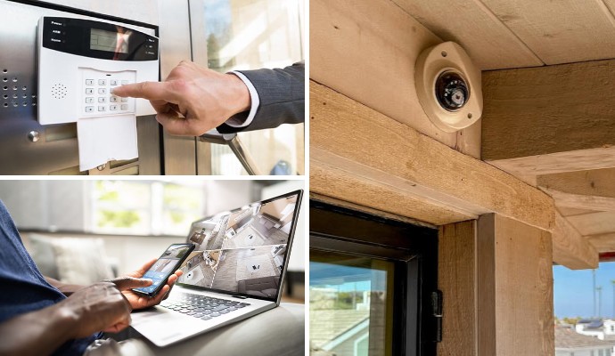 Collage of alarm system, remote access monitoring, and video surveillance system