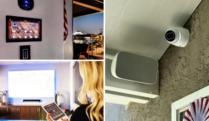 Collage of climate control, media control, and installed video surveillance system
