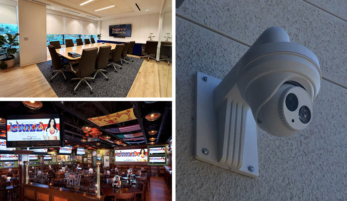 Collage of conference-room, video wall and surveillance system