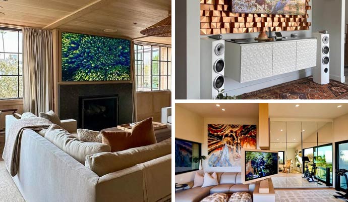 Collage of custom TV, surround sound, and multi-media music system