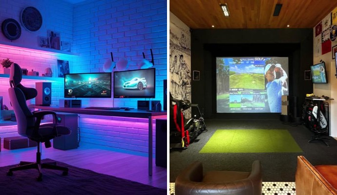 Collage of game room and golf simulators