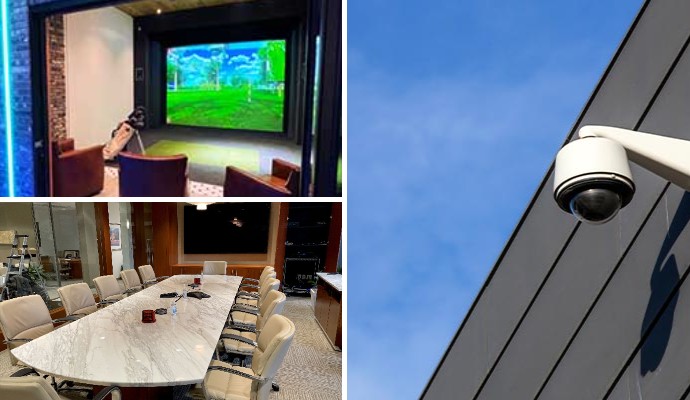 Collage of indoor golf simulator, office conference room, and installed security camera