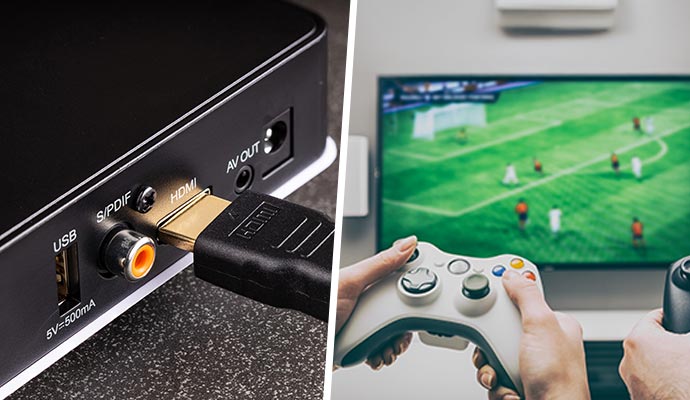 Collage of HDMI cable with gamer using console Collage of HDMI cable with gamer using console