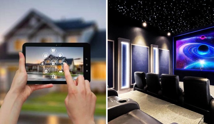 Collage showcasing smart home automation system and modern home theater
