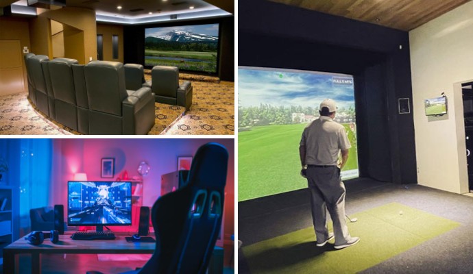 Collage of home theater, game room and golf simulator
