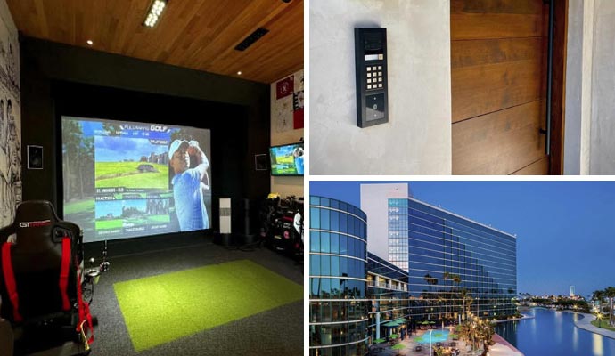 Collage of indoor golf simulator, door access system, and building exterior