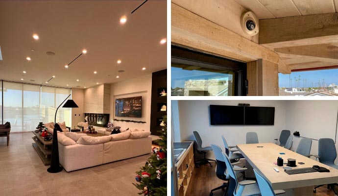Collage of lighting solution security camera and conference room