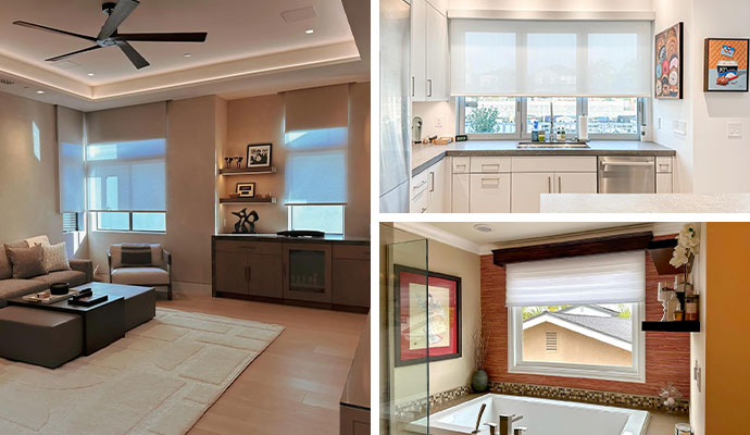 Collage of living room, kitchen and bathroom featuring motorized window cover