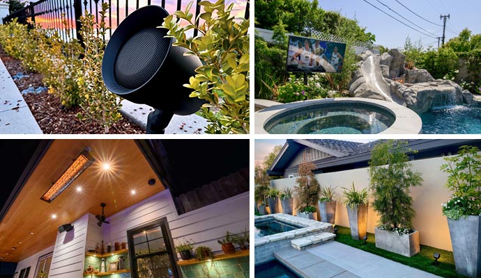 Collage of luxury outdoor entertainment and lighting