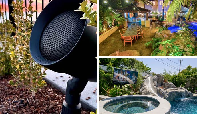 Collage of outdoor audio system, landscape lighting, and weatherproof TV
