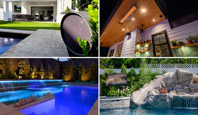 Collage of outdoor audio system outdoor heater landscape lighting and weatherproof tv