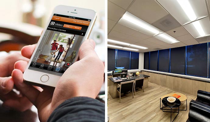 Collage of smart home security app and modern office with motorized shades