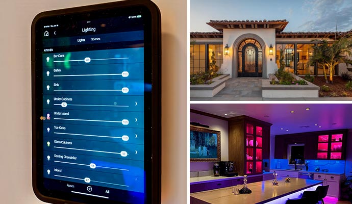 Collage of smart lighting control panel, elegant home exterior with warm outdoor lights and modern kitchen space area with lighting