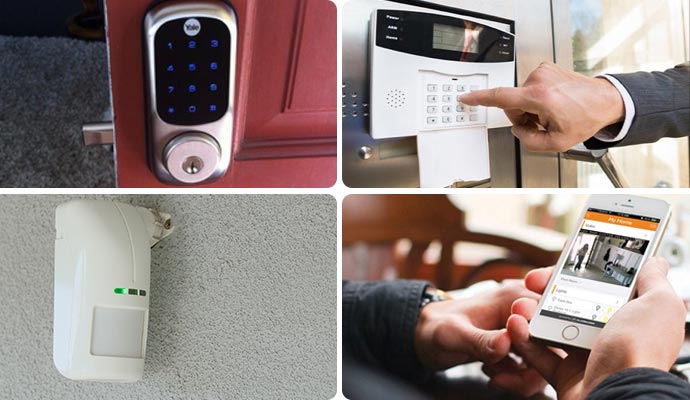 Collage showing smart lock biometric access, motion sensor, and mobile security app