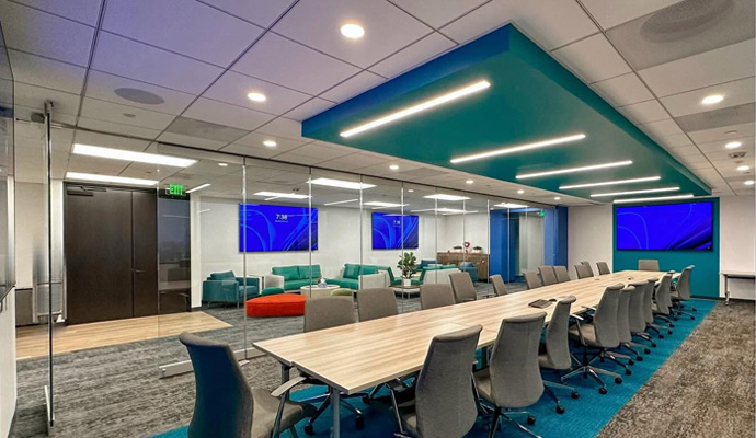 Conference room with linear LED ceiling lighting