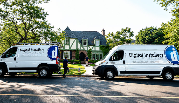 Digital Installers service fleet vans parked in front of a residential home for installation.