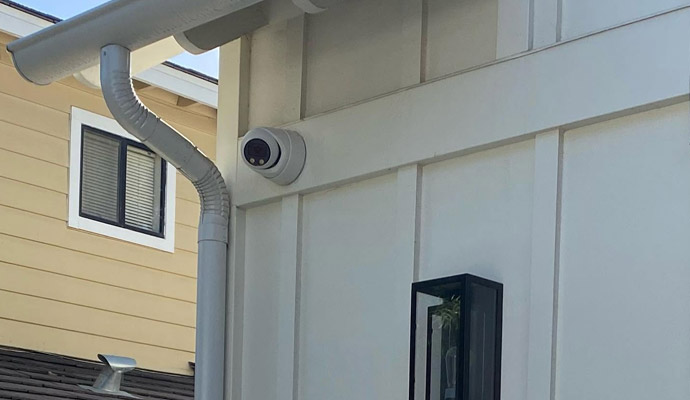 Exterior dome security surveillance camera mounted under the roof eave of a home.