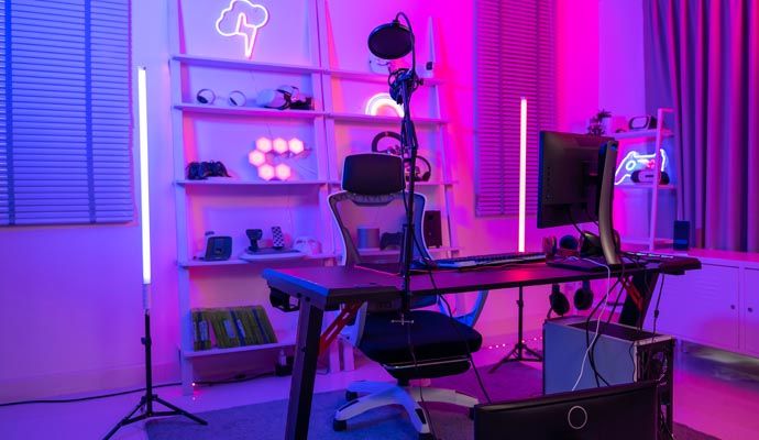 Gaming and streaming setup in a room with RGB lighting
