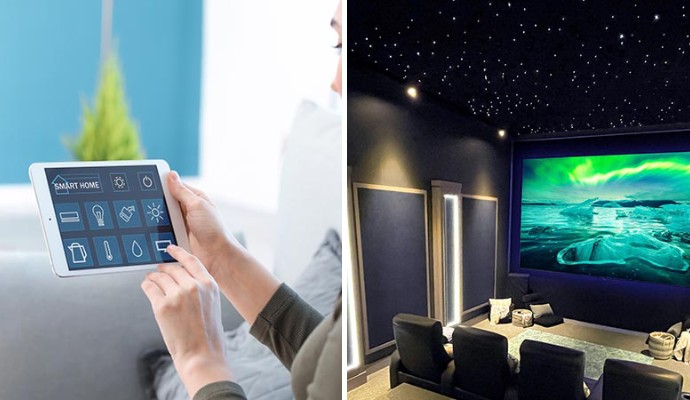Collage showing use of smart home automation devices and home theater