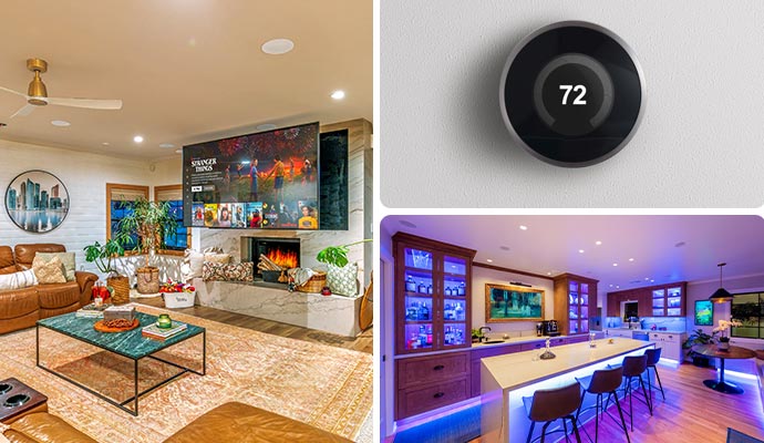 Collage of home theater, smart lighting, and thermostat