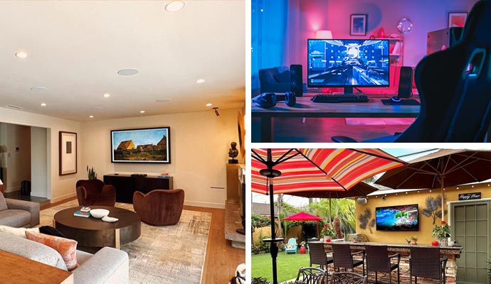 Collage of multi-room audio setups in various spaces