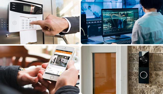 A collage showing a security keypad, CCTV monitoring, a mobile security app, and a video doorbell