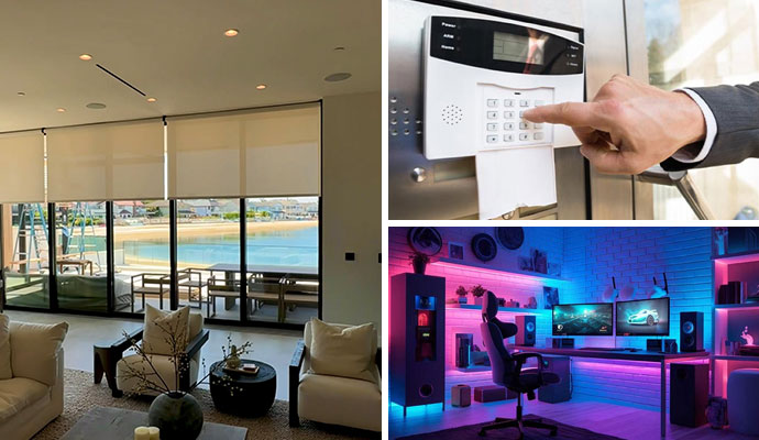 A collage of smart home technologies: motorized roller shades in a living room overlooking a beach, a hand operating a security keypad, and a gaming room with colorful smart LED lighting.