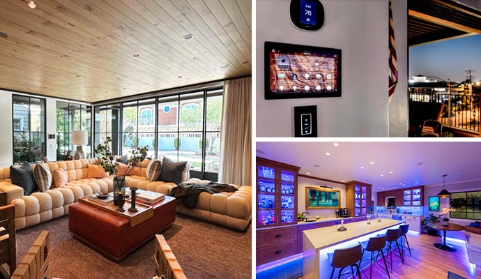 Collage of smart home interiors living room, a control panel and a bar area Collage of smart home interiors featuring a cozy living room, a wall-mounted control panel with thermostat and a modern bar area