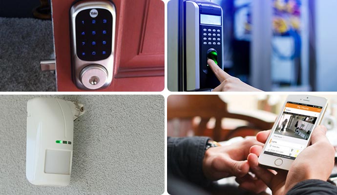 Collage of smart locks, sensor, and mobile control