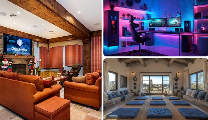 A collage showing a media room, a custom gaming setup, and a dedicated wellness room