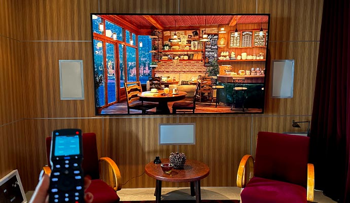 Home entertainment setup with wall-mounted TV Modern living room with wall-mounted TV and a remote control for smart home audio-video integration
