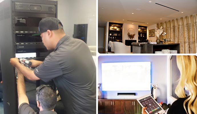 A collage showing three stages of smart home integration: a technician installing Crestron equipment in a media rack, the elegant finished luxury living room, and a woman using a tablet to control the home's media system