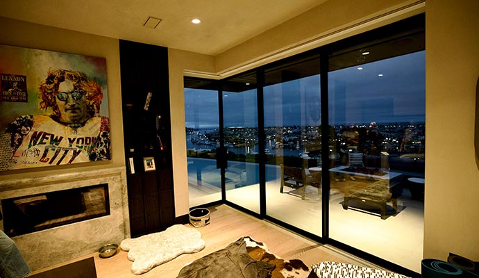 Luxury modern living room with night city view
