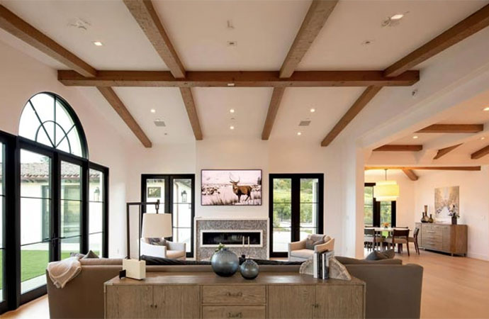 Modern living room with an integrated multi-room audio system