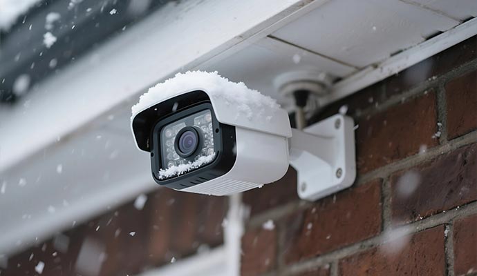 Outdoor security camera covered in snow