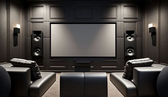 Luxury home theater with projection screen and surround sound Luxury home theater with a large projection screen, surround speakers and plush seating in a dark, elegant room
