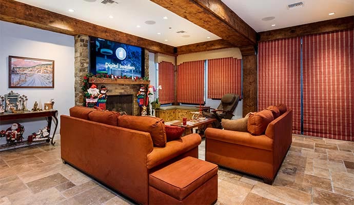 Cozy living room with large screen tv, surround sound, and seating area