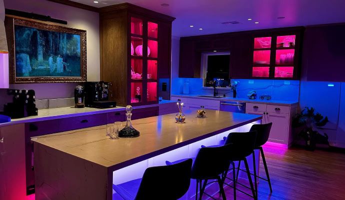 Modern kitchen room with linear lighting design