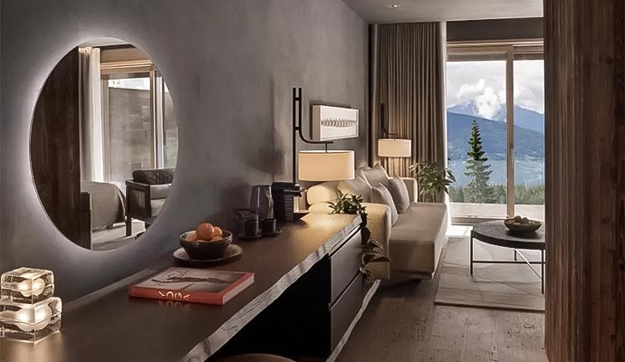 Luxury living room with round mirror