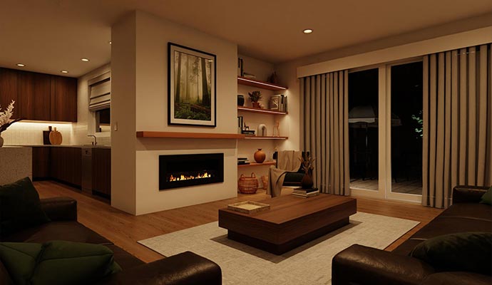 Modern living room with fireplace