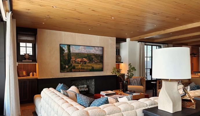 Living room with a wood-slat media wall and television.