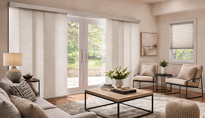 Modern living room featuring Sliding panel shades on white glass patio door
