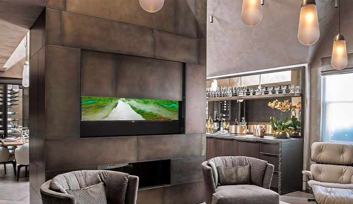 Modern living room featuring sliding panel