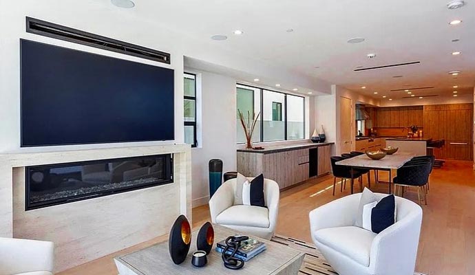 Modern living room with home theater setup