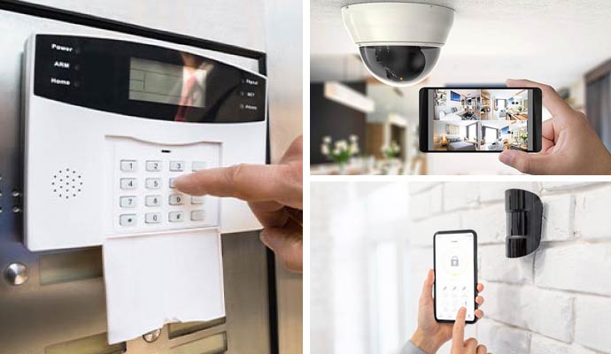 Collage of alarm system, video surveillance service, and automated door lock system