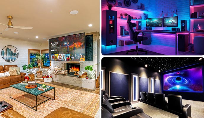 Smart home entertainment collage living room gaming and home theater
