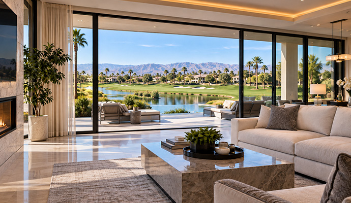Luxury living room with smart home automation and panoramic outdoor views